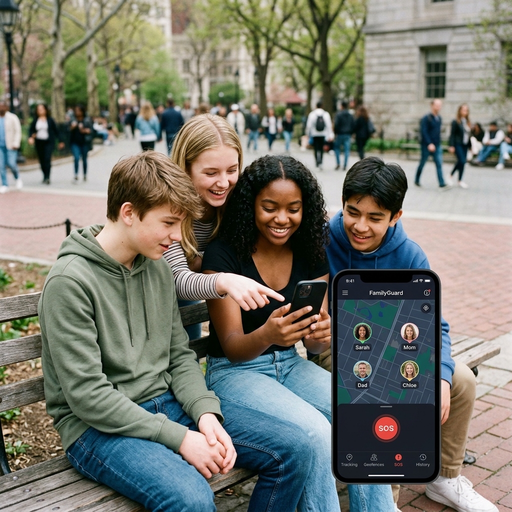 Jugendliche nutzen eine Sicherheits-App im Park