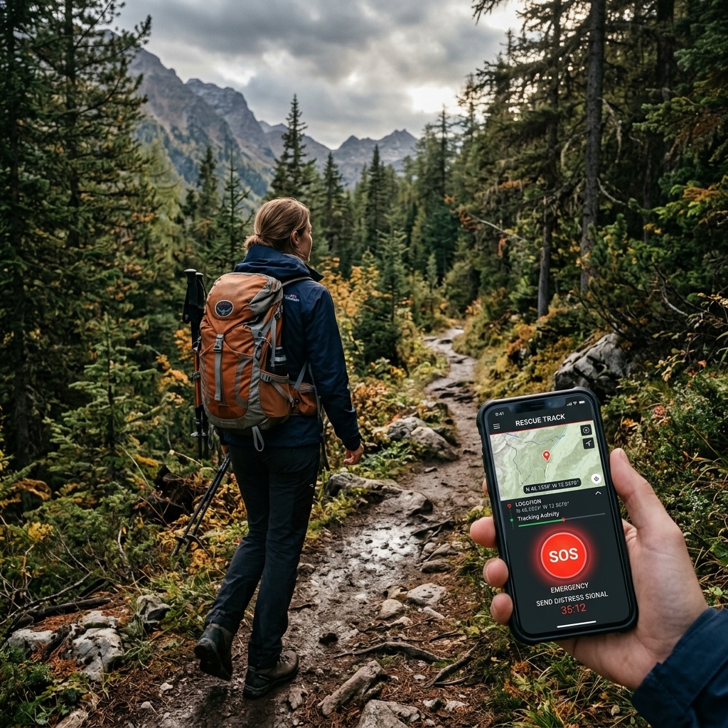 Wanderin nutzt eine Notfall-App in den Bergen