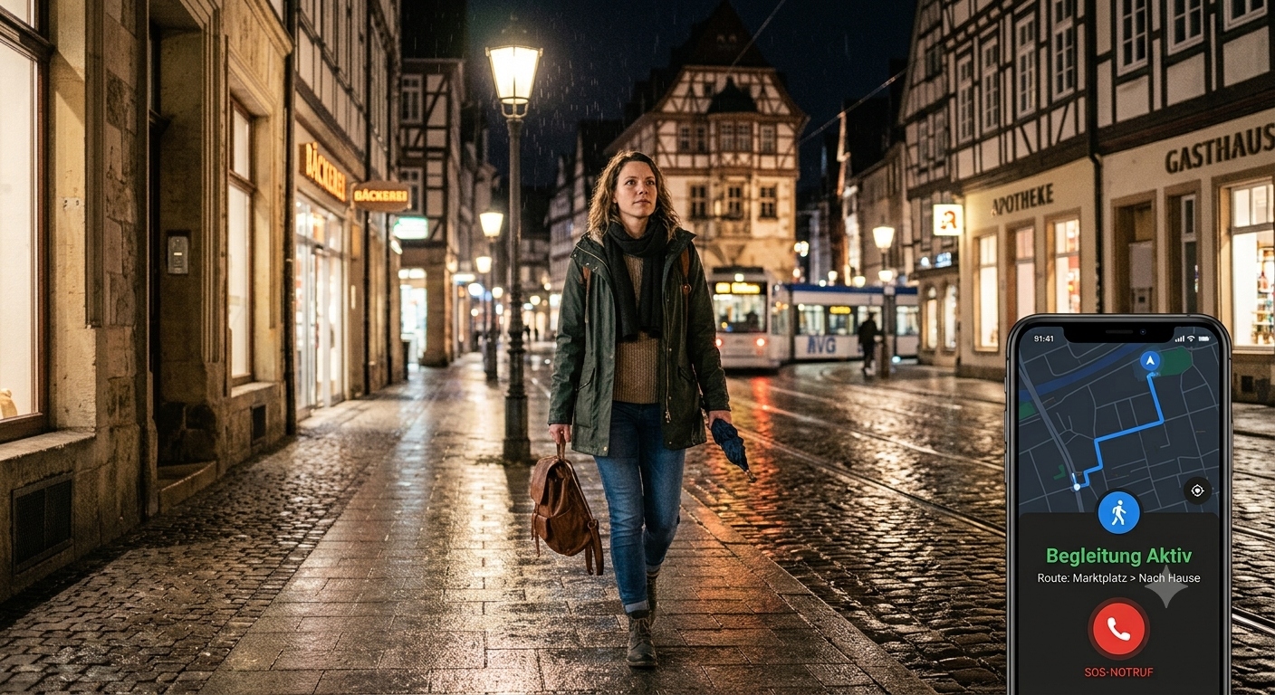 Frau ist nachts unterwegs und nutzt die App begleite mich